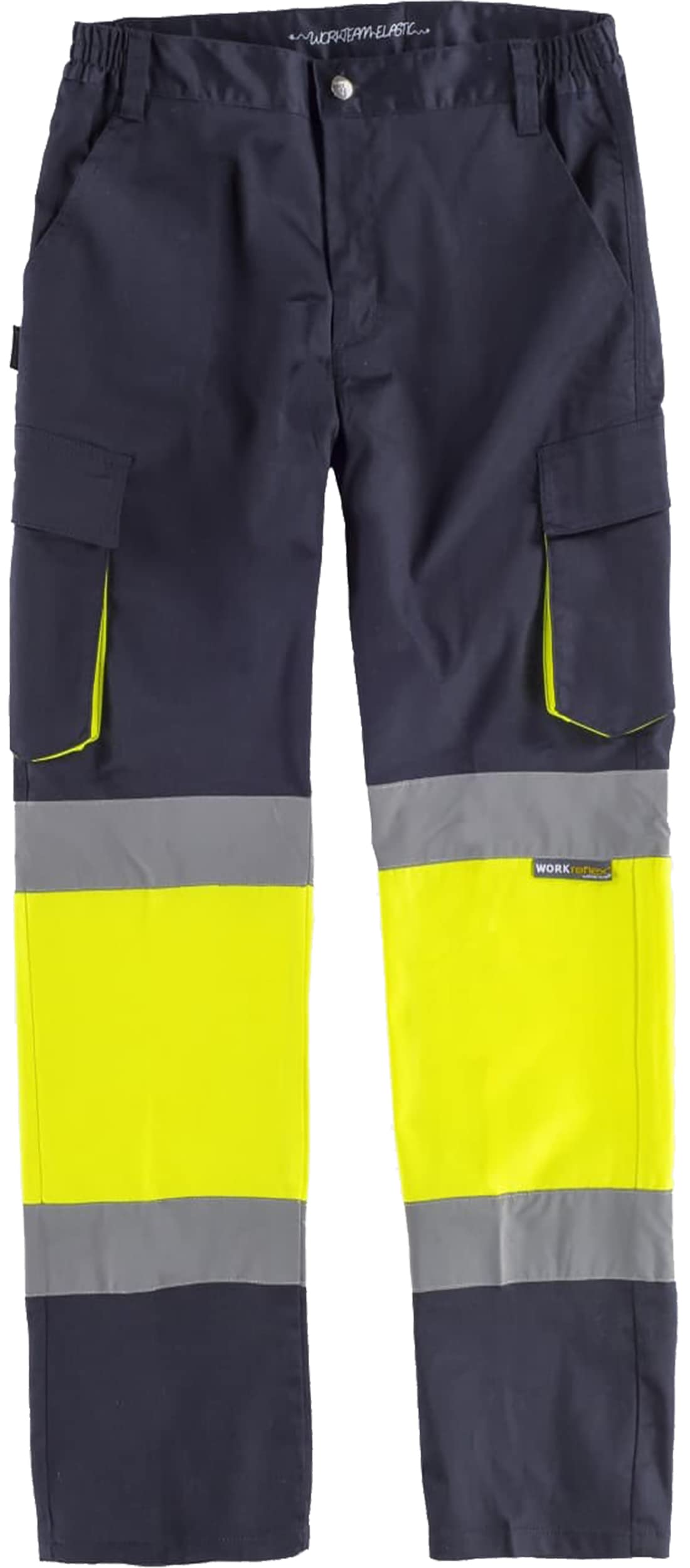 WORKTEAM Pantalón de Trabajo Slim Fit de Alta Visibilidad con Cintas Reflectantes, Multibolsillos y Tejido Elástico. EN ISO 20471. Clase 1. Unisex