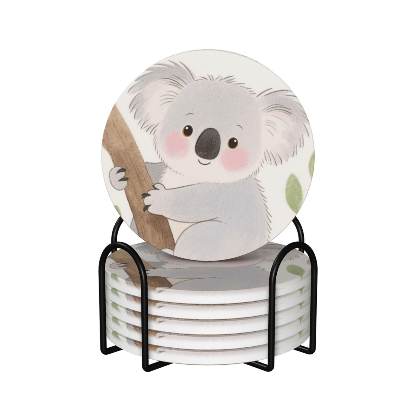 Sous-verres en céramique koala (lot de 6) avec support et base en liège protectrice