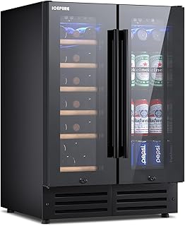 ICEPURE Wine and Beverage Refrigerator 24 Inch, Dual Zone Wine and Beverage Cooler with Glass Door, Freestanding or Built-In Wine Fridge Under Counter Lockable, Hold 19 Bottles and 58 Cans, Black