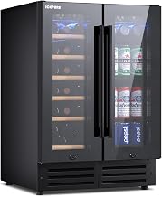 ICEPURE Wine and Beverage Refrigerator 24 Inch, Dual Zone Wine and Beverage Cooler with Glass Door, Freestanding or Built-In Wine Fridge Under Counter Lockable, Hold 19 Bottles and 58 Cans, Black