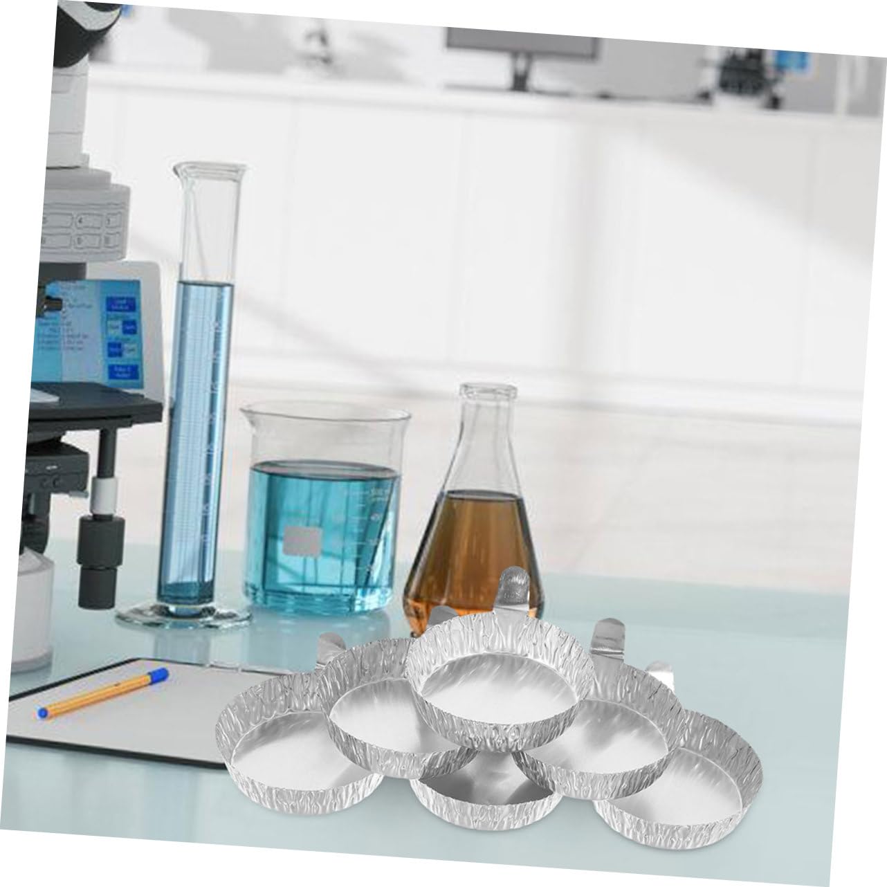 Bandejas De Pesaje De Aluminio Para Laboratorio 200 Piezas, Diámetro 60mm (42ml), Asas y Superficie Lisa Para Manipulación De Muestras En Análisis Químicos