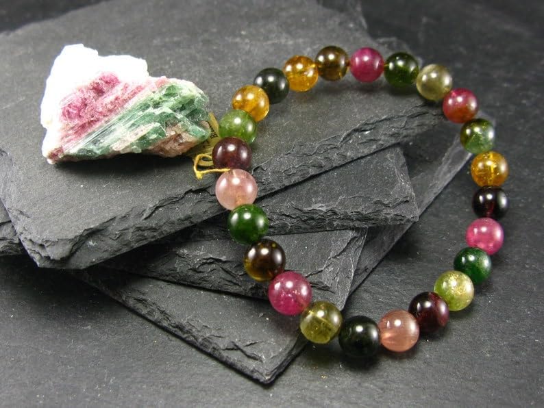 LKBEADS Natural Watermelon Bicolor Tourmaline 8mm rondelle smooth 7inch Semi-Precious Gemstones Beaded Bracelets for Men Women Healing Crystal Stretch Beaded Bracelet Unisex