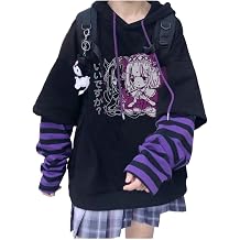 Harajuku Womens Sweater Japanese Girl Fake Two-Piece Sweater Cute Striped Loose Hooded top