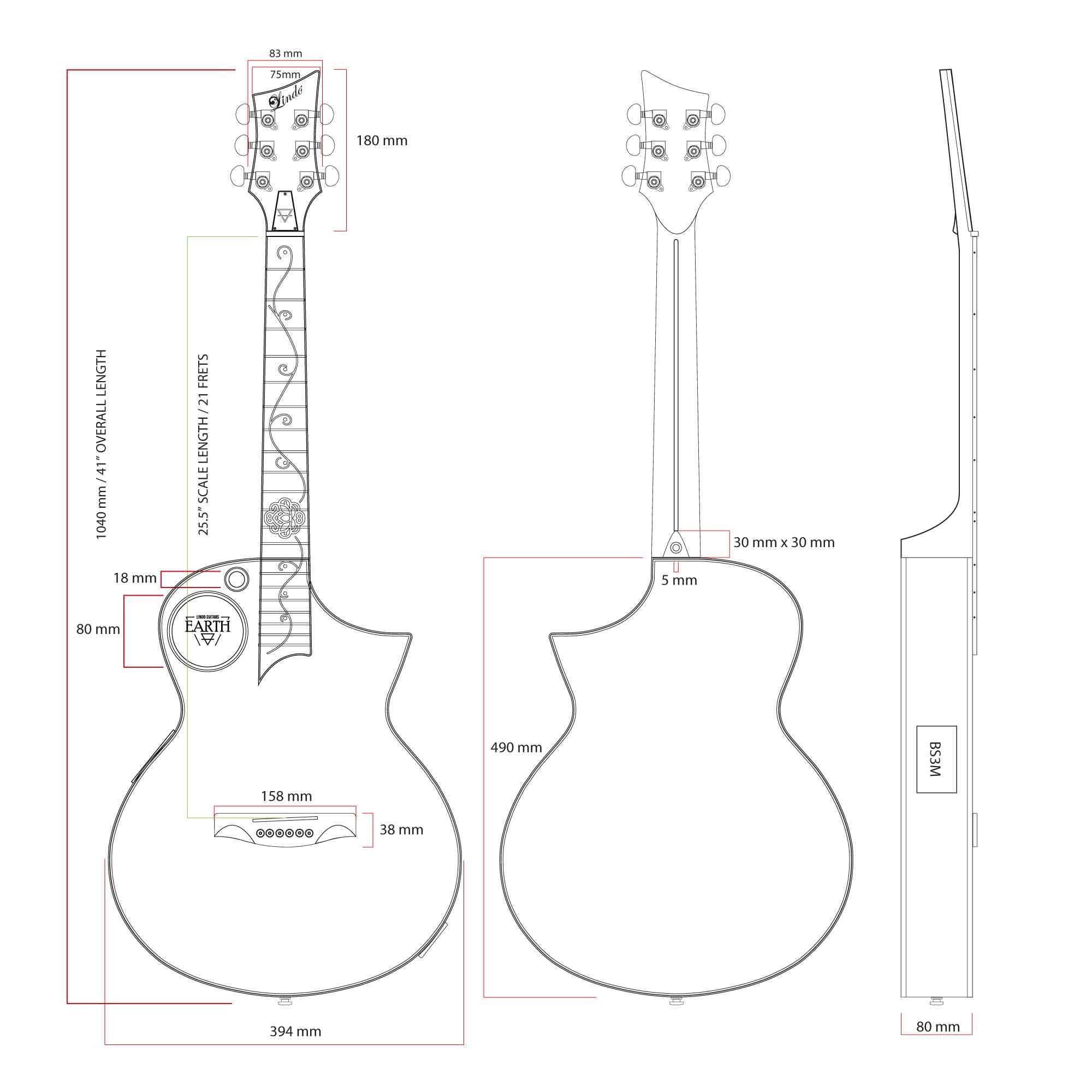 Lindo Earth Slim Body Electro gitara akustyczna, figurowy popiół Tamo i płaski zebrano, przedwzmacniacz/tuner BS3M z podwójnym gniazdem, wyjściem XLR, podstrunnica i mostek (struny nylonowe)