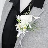 Boutonniere for Men Wedding, Artificial White Calla Lily Groom Groomsmen Boutonniere Handmade Corsage Flower for Wedding Ceremony Anniversary Formal Dinner Party Prom, C