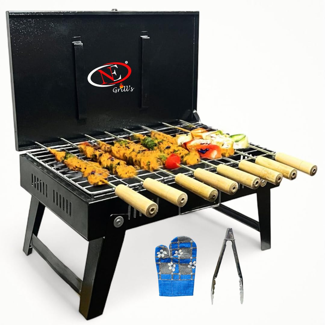 Premium Charcoal Barbecue Grill for Home – 8 Skewers, BBQ Set with Free Tongs & Glove – Portable Barbeque Grill for Outdoor Cooking