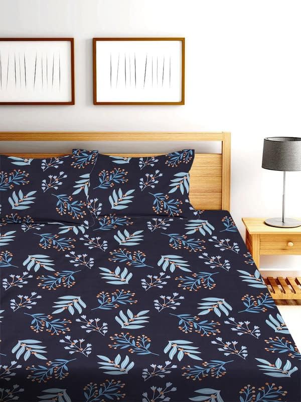 Image of NHD HOME Premium Cotton Elastic Fitted Bedsheets with 2 King Size Pillow Covers | Double Bed with All Around Elastic 220 TC Supersoft | Size - 72 King Sizex78+10 inches | Floral, Black