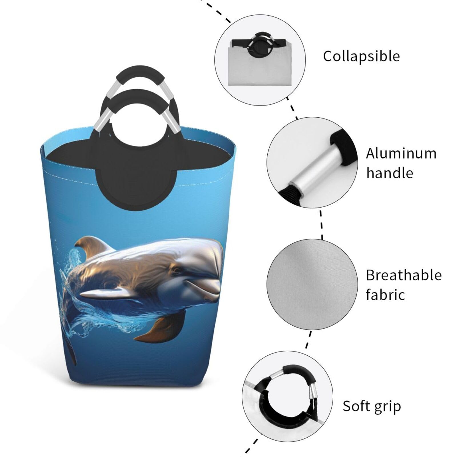 Bolsa de lavandería plegable con estampado de delfines 3D para el hogar, cesta de almacenamiento plegable para baño diario o dormitorio