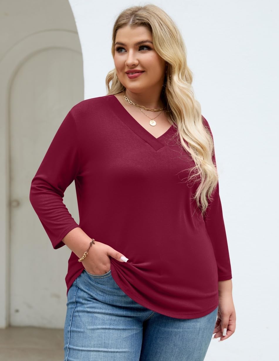 Plus Size Tops for Womens 3/4 Sleeve V Neck Casual T Shirts Loose Fit Tunic Blouse - Image 2