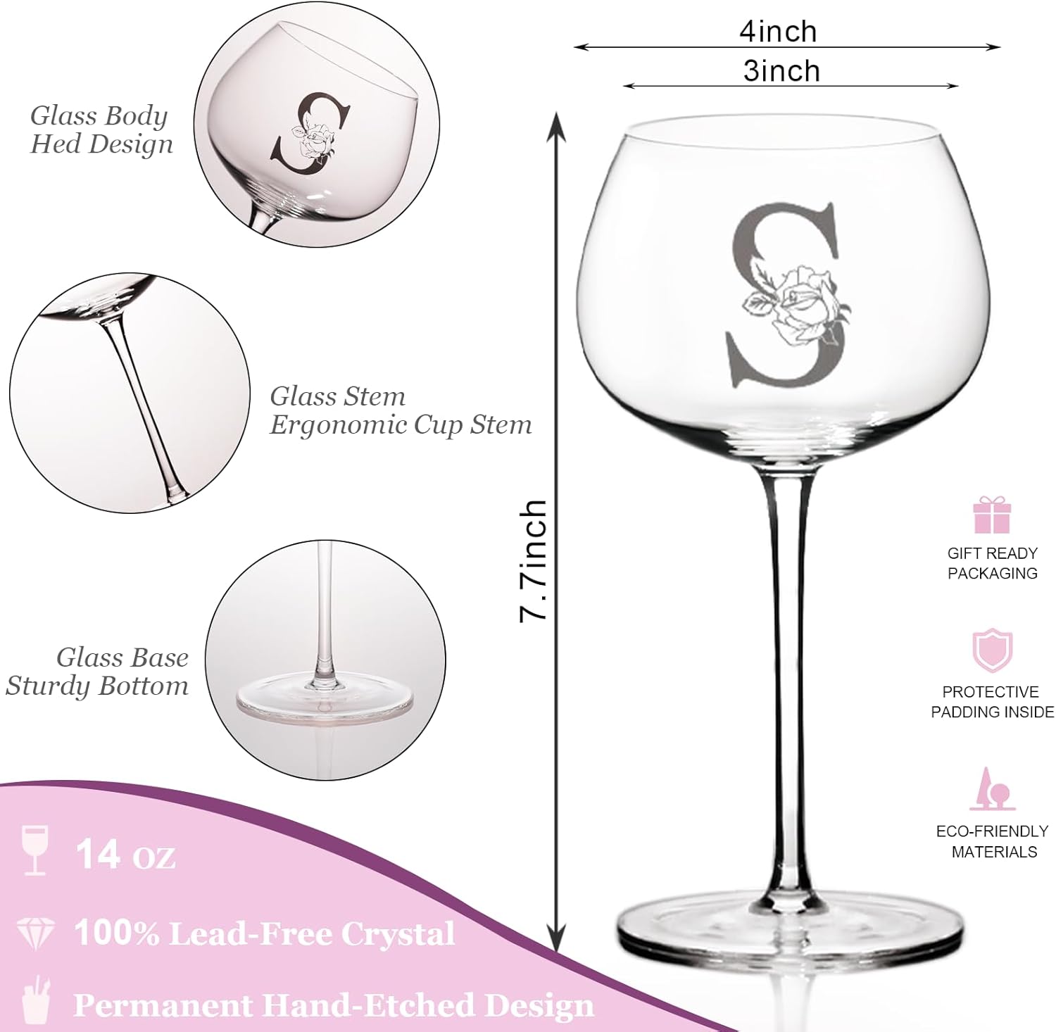 Personalized Wine Glass-Engraved Monogrammed A-Z Customized Wine Glass Birthday Gifts for Women, Unique Mothers Day, Anniversary, Christmas Gift for Her, Mom, Friend, Wife, Sister (S, 14 oz) - Image 3