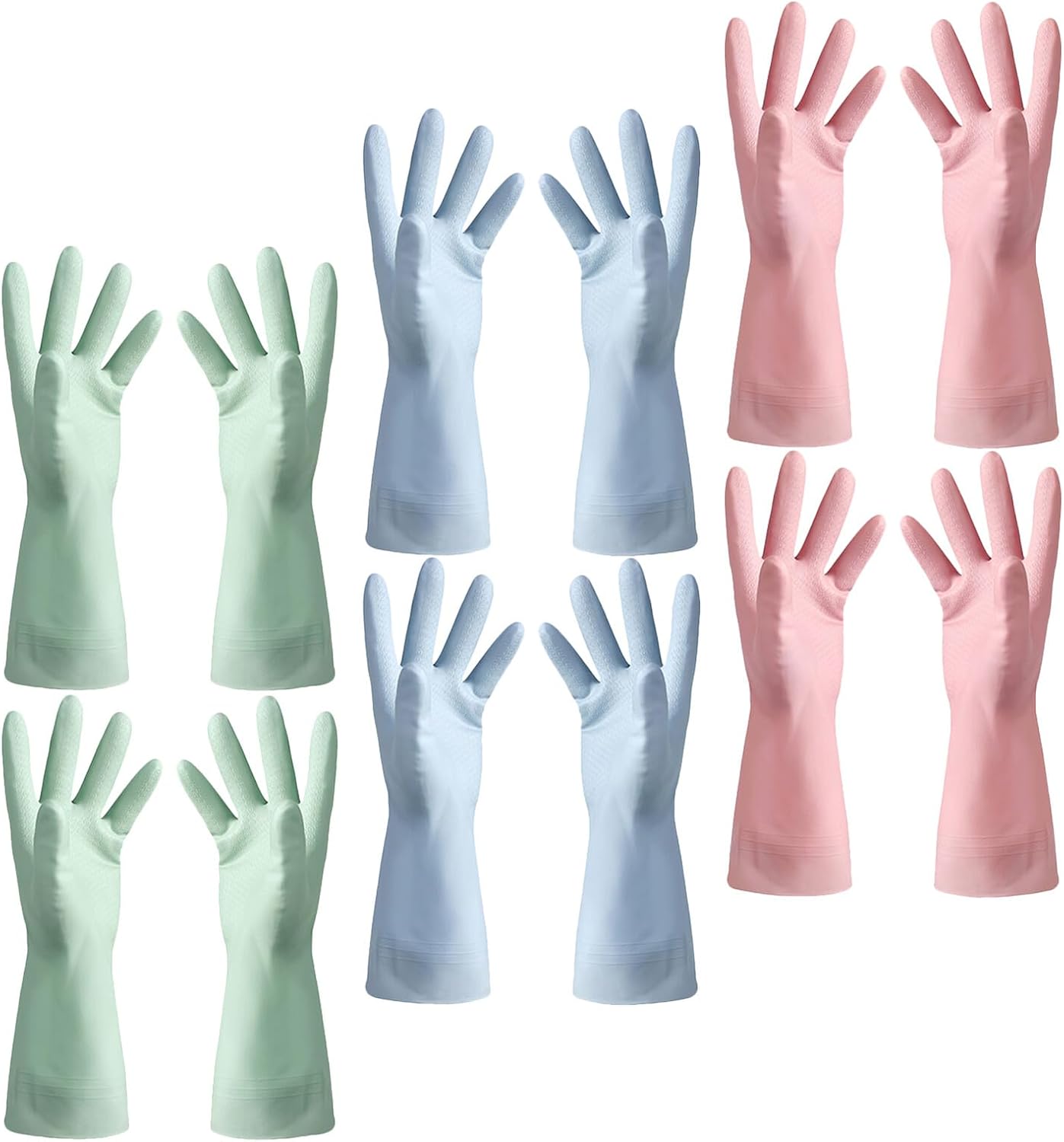 CHILDWEET 6 Pairs Waterproof Pvc Kitchen Dishwashing Gloves Reusable Anti-slip Cleaning Gloves for Home Laundry and Household Cleaning Blue Green Pink Size L