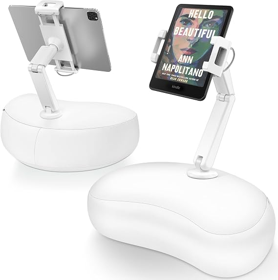 AboveTEK Tablet Pillow Stand for Bed, Hands-Free 360 Adjustable iPad Pillow Holder for Lap Reading w/Soft Bean Bag, Ideal Gift for Mom, Fits 4.7 to 12.9 Tablet, Phone, Kindle, White