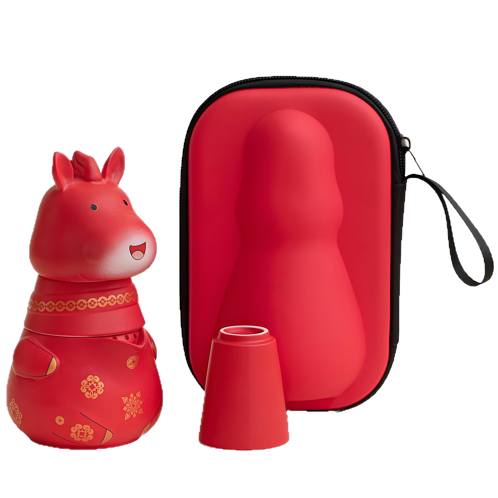 Whoasyst Chinese Horse Year Small Travel Ceramic Tea Set Chinese Kungfu Teapot and Teacups with Portable Bag for Outdoor Picnics Horse Year Gift