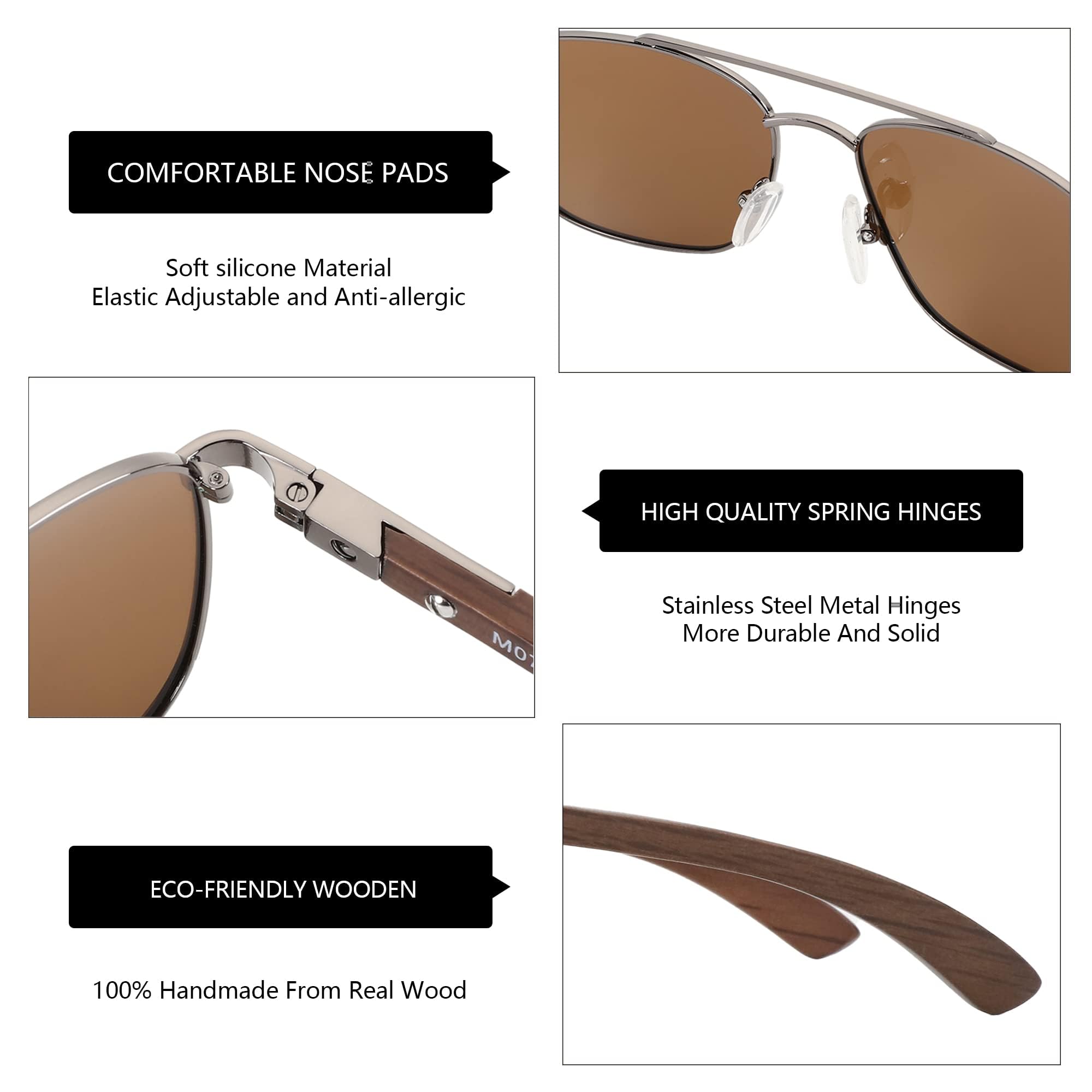 ZENOTTIC Sonnenbrille Herren Damen Polarisiert Pilotenbrille Retro Holz Und Metall Material UV 400-Schutz