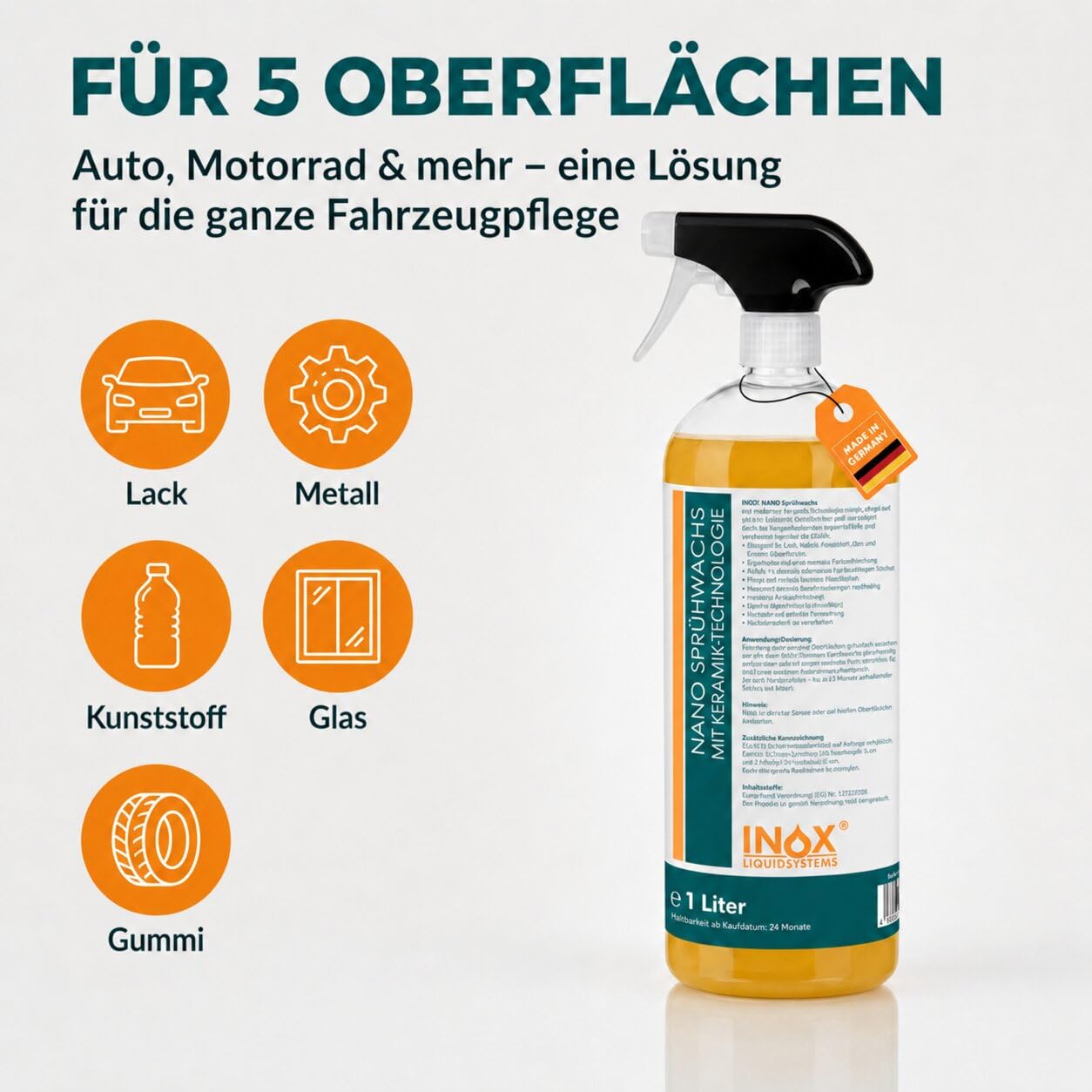 INOX® - Premium Sprühwachs 6x1L Spray mit sofort Abperleffekt | Spray Wax Autopflege Versiegelung | Lackpflege und Sprühversiegelung | Glanz & Schutz für alle Lacke