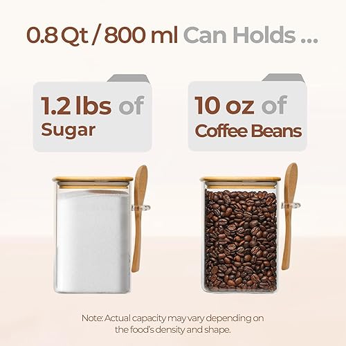 Miniatura 3 de ComSaf Juego de 4 tarros de vidrio de 31 onzas con tapas y cucharas de bambú, recipientes cuadrados de vidrio con tapas, recipientes de café de