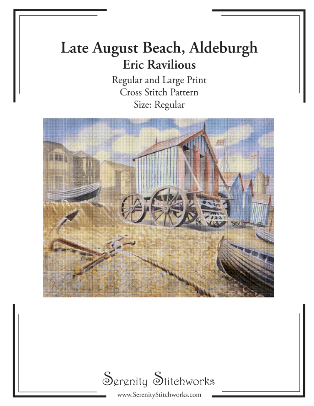 Late August Beach, Aldeburgh Cross Stitch Pattern – Eric Ravilious – Regular Size Edition: Regular and Large Print Cross Stitch Pattern