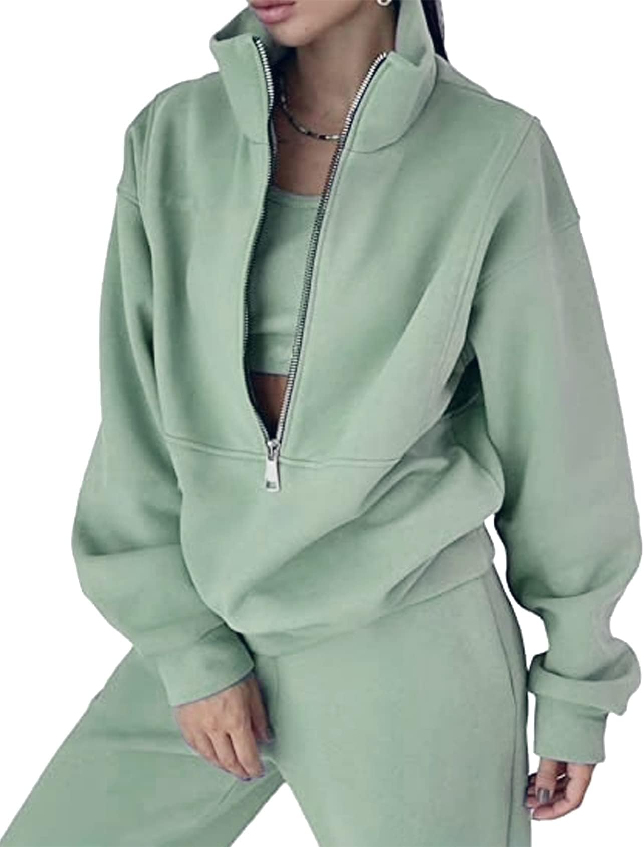 FlygoWomens Fleece 2 Piece Outfits Sweatsuit Half Zip Pullover Sweatshirt Joggers Pants Tracksuit Set (Green-L)