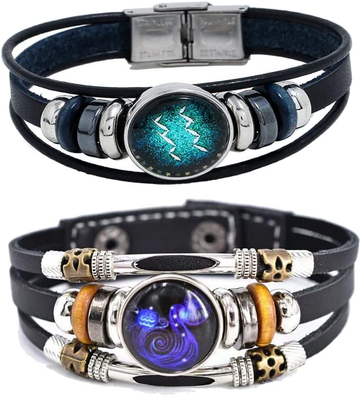 2Pcs Multilayer Constellation Zodiac Leather Bracelet Handmade Woven Zodiac Sign Wrap Bracelet Wristband for Women Men Jewelry Birthday Gift