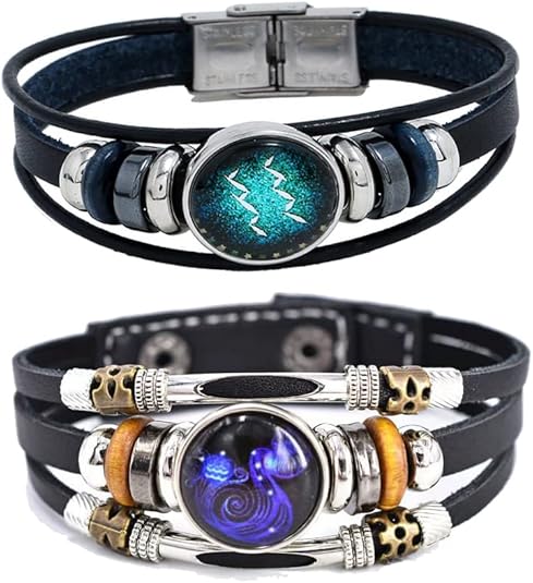 2Pcs Multilayer Constellation Zodiac Leather Bracelet Handmade Woven Zodiac Sign Wrap Bracelet Wristband for Women Men Jewelry Birthday Gift