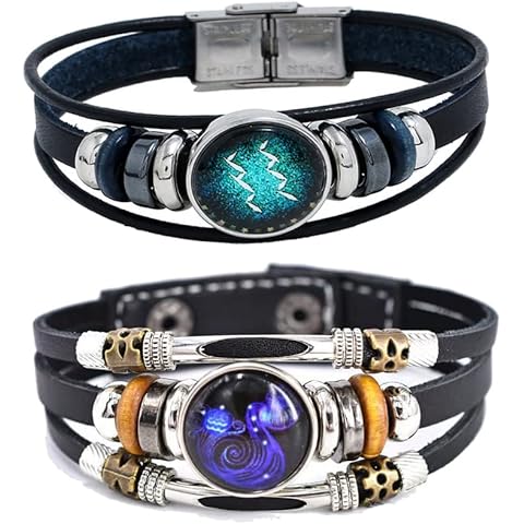 2Pcs Multilayer Constellation Zodiac Leather Bracelet Handmade Woven Zodiac Sign Wrap Bracelet Wristband for Women Men Jewelry Birthday Gift