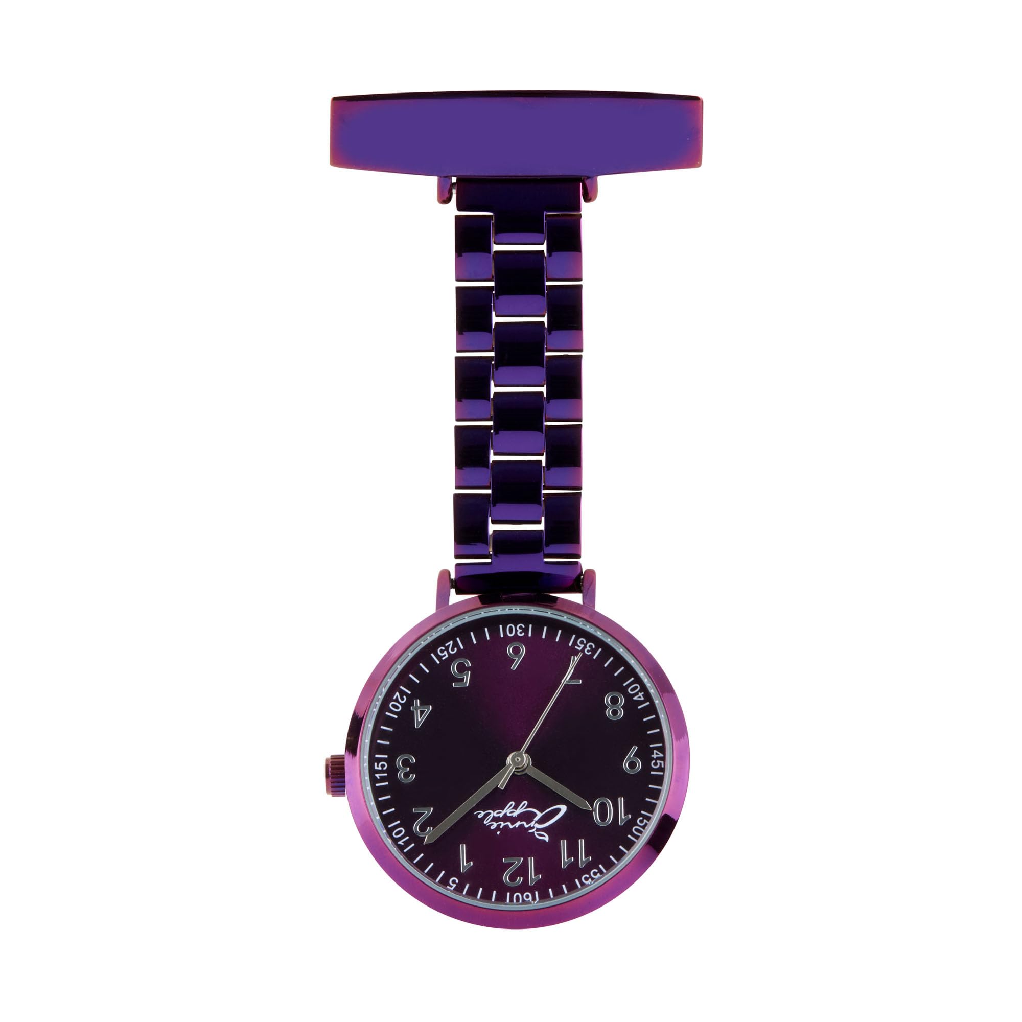 Annie Apple Meraki Nurses Fob Watch – 35mm Silver Case with Purple Dial and Silver Stainless Steel Link Strap – Premium Analogue Pocket Watch for Medical & Beauty Professionals