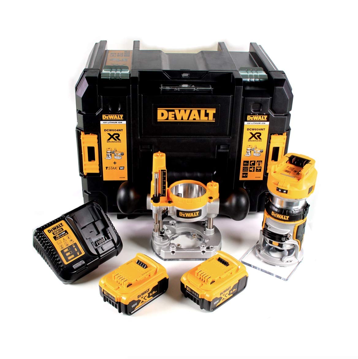 DEWALT - Kit affleureuse et défonceuse XR 18V brushless - moteur haut rendement - lumière LED - design compact et léger - plusieurs accessoires inclus - DCW604P2-QW