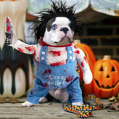 Miniatura 6 de Ropa de perro asesino, disfraz de perro, disfraces de Halloween para perros, disfraz ajustable de cosplay para perros, divertida peluca de muñeca