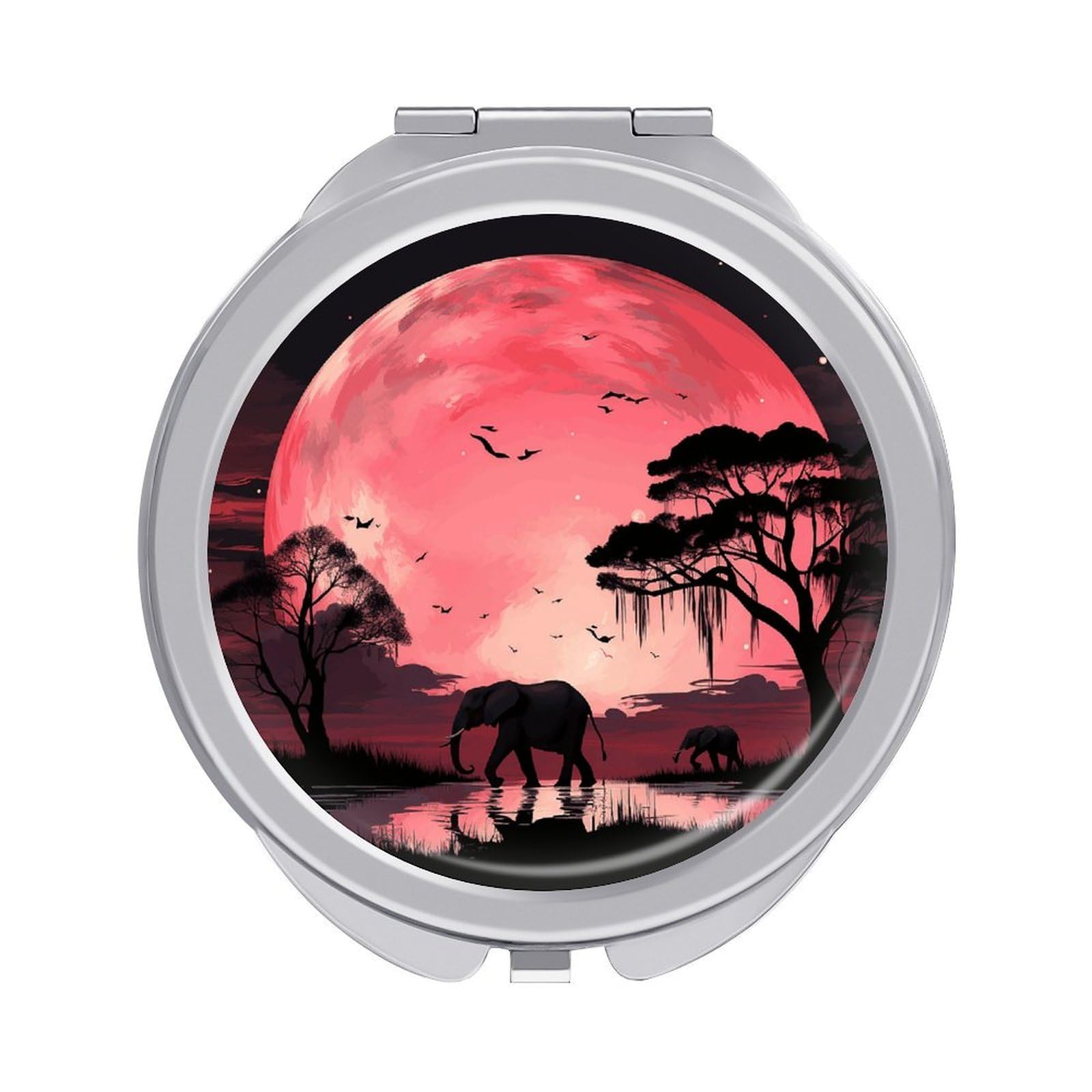VstaDank Pink Moon Elephant Travel Makeup Mirrors Exquisite Double-Sided 2X/1X Magnifying Folding Pocket Mirror Portable Round Handheld Mirror Mini Compact Mirrors for Outdoor Home