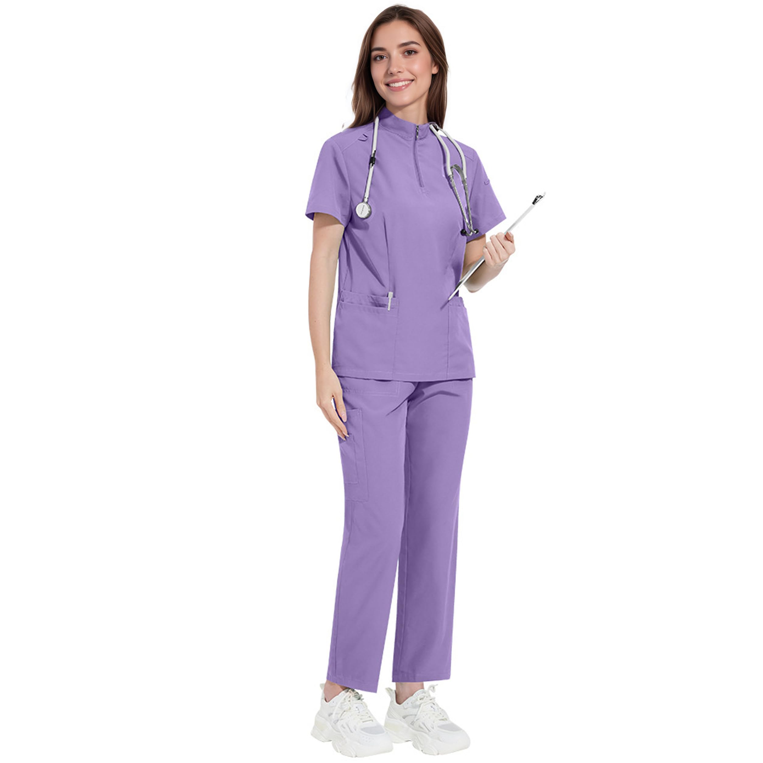 ThreeH Set Pantaloni e Camice per Uomo e Donna Divise mediche e sanitarie Camice con Colletto Alto e Pantaloni Jogger con Cintura in Vita e Tasche Multiple