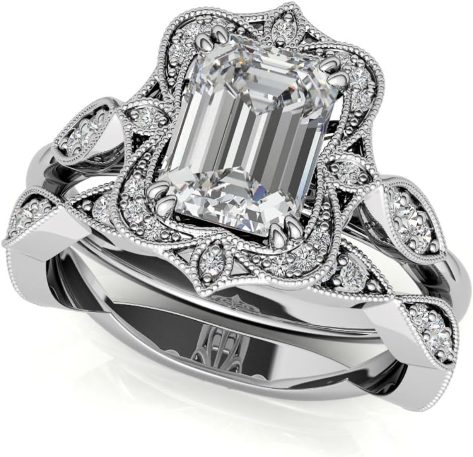 Antique Vintage Style Halo Emerald Cut Moissanite Engagement Ring Set for Women Bridal Wedding Ring Handmade Anniversary Promise
