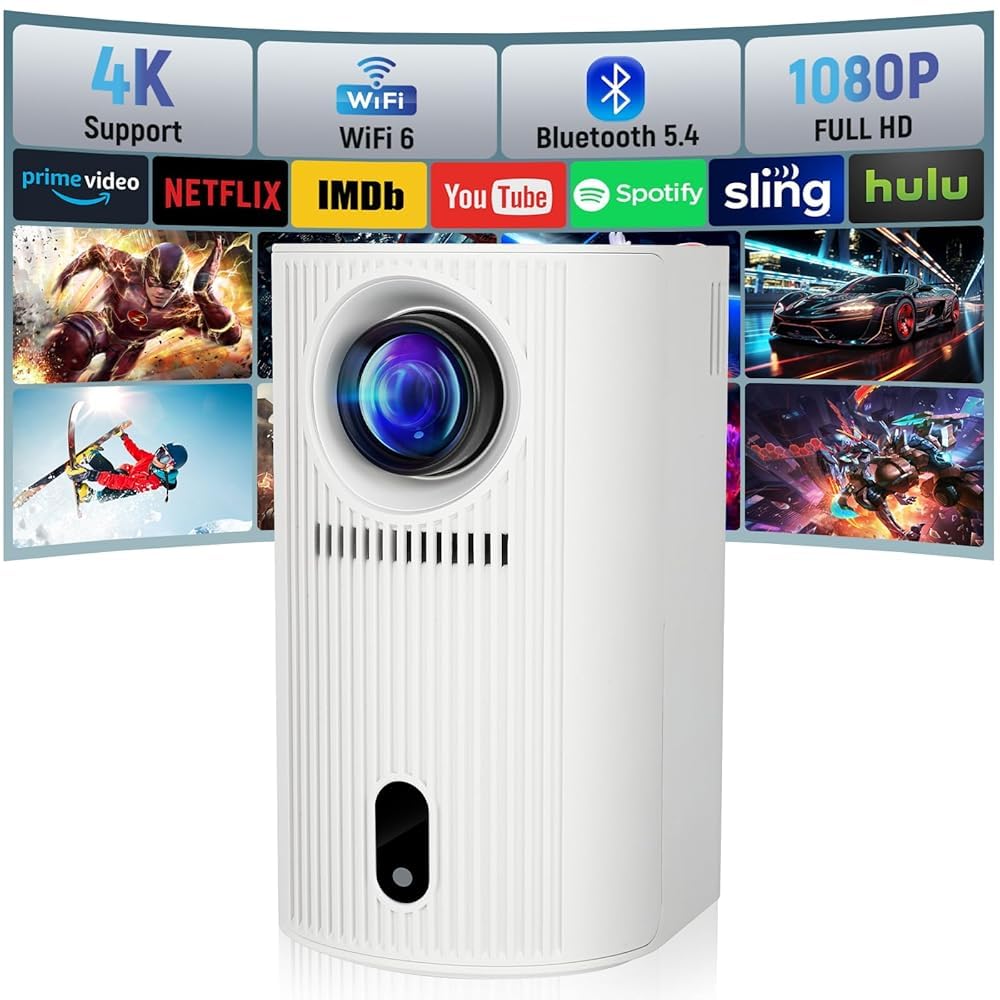 Mini proiettore 4K 1080P, mini proiettore 200 ANSI lumen, proiettore video portatile, correzione verticale automatica e WiFi 6/BT5.4, una nuova generazione di proiettori intelligenti chiusi