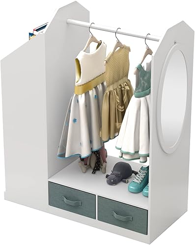 Organizador de disfraces para niños, perchero para ropa, armario de armario, cómoda colgante abierta con espejo, centro de disfraces, perchero para