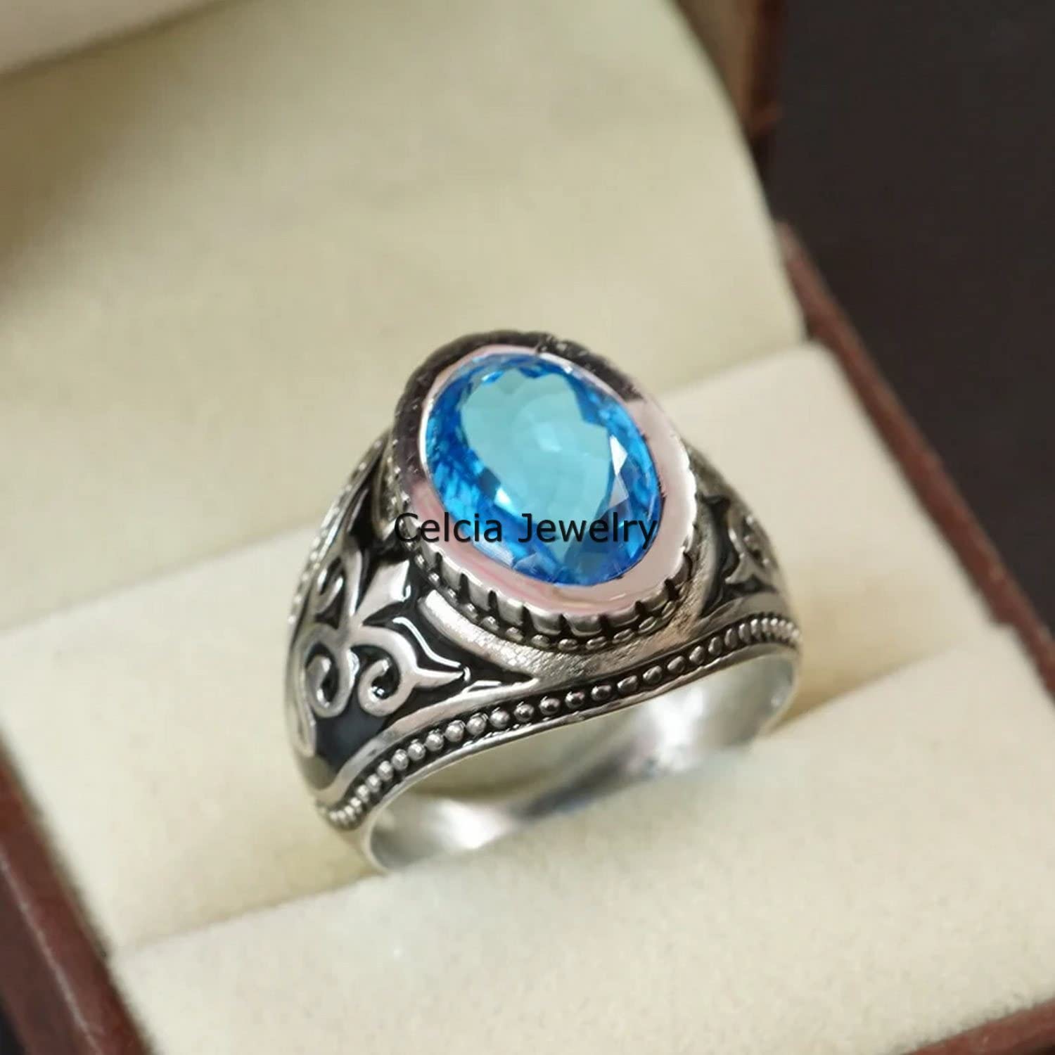 Anillo de sello de plata esterlina 925 sólida para hombres, piedra preciosa ovalada de topacio azul genuino, regalo único hecho a mano de piedra natal de noviembre para él