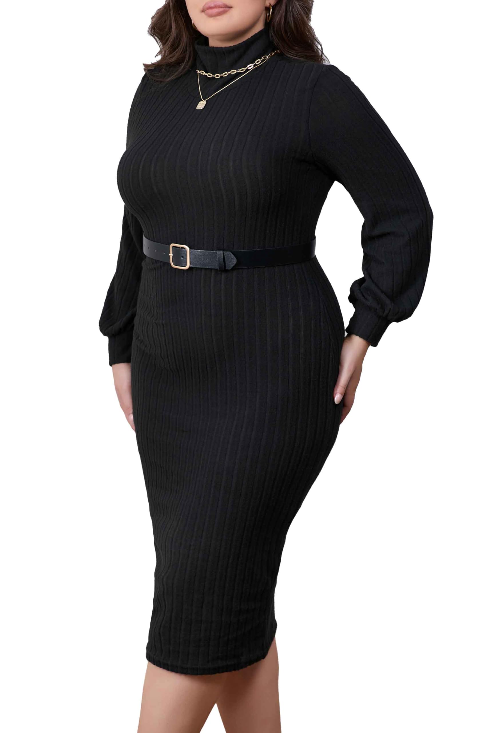Womens Plus Ribbed Knit Turtl eneck Fall Lightweight Long Sleeve Midi Dress A Line Fit and Flare Ribbed