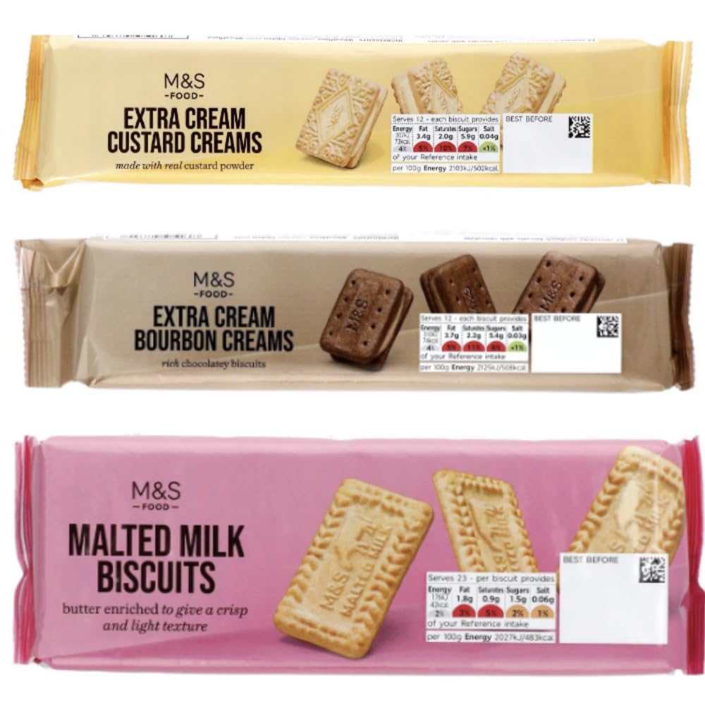 M&S Biscuits Selection Pack - Malted Milk Biscuits 200g, Extra Cream Bourbon Creams 165g, Extra Cream Custard Creams 165g - Packed by Black Nore Gifts
