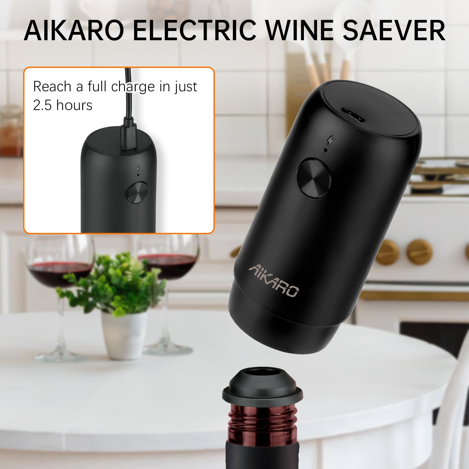 AIKARO - Pompa a vuoto elettrica per vino con 2 tappi, conservatore automatico di vino, ricaricabile