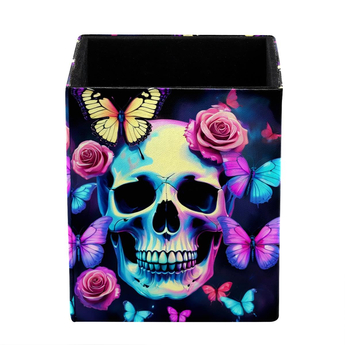 HEOEH Skull Floral Pen Holder Pen Pot, Square Pencil Cup for Desk