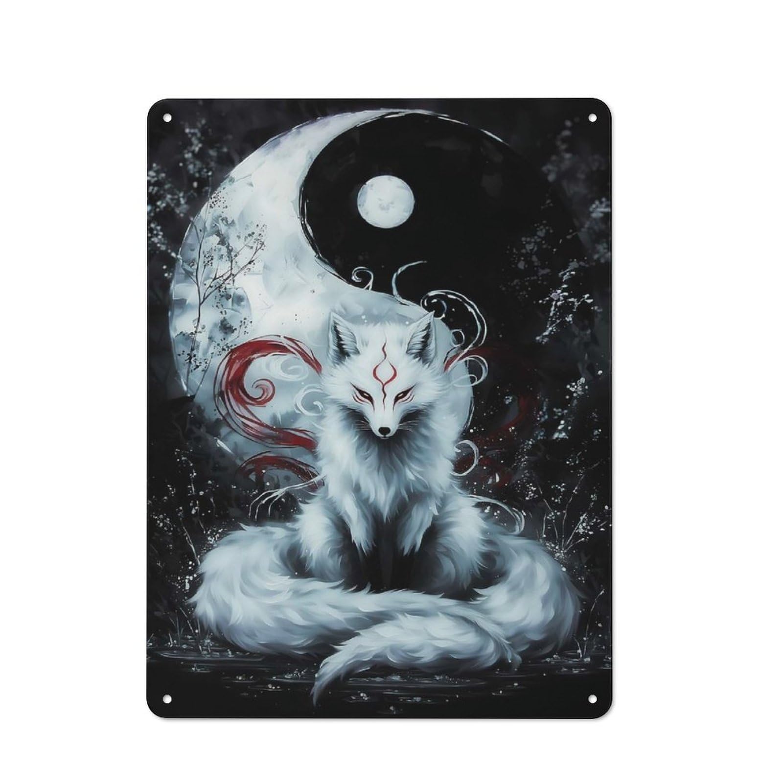 Yin And Yang Kitsune Workshop Style Metal Wall Decor 40x30cm, Decorative Metal Plaque for Garage, Hobby Room, Office Or Man Cave