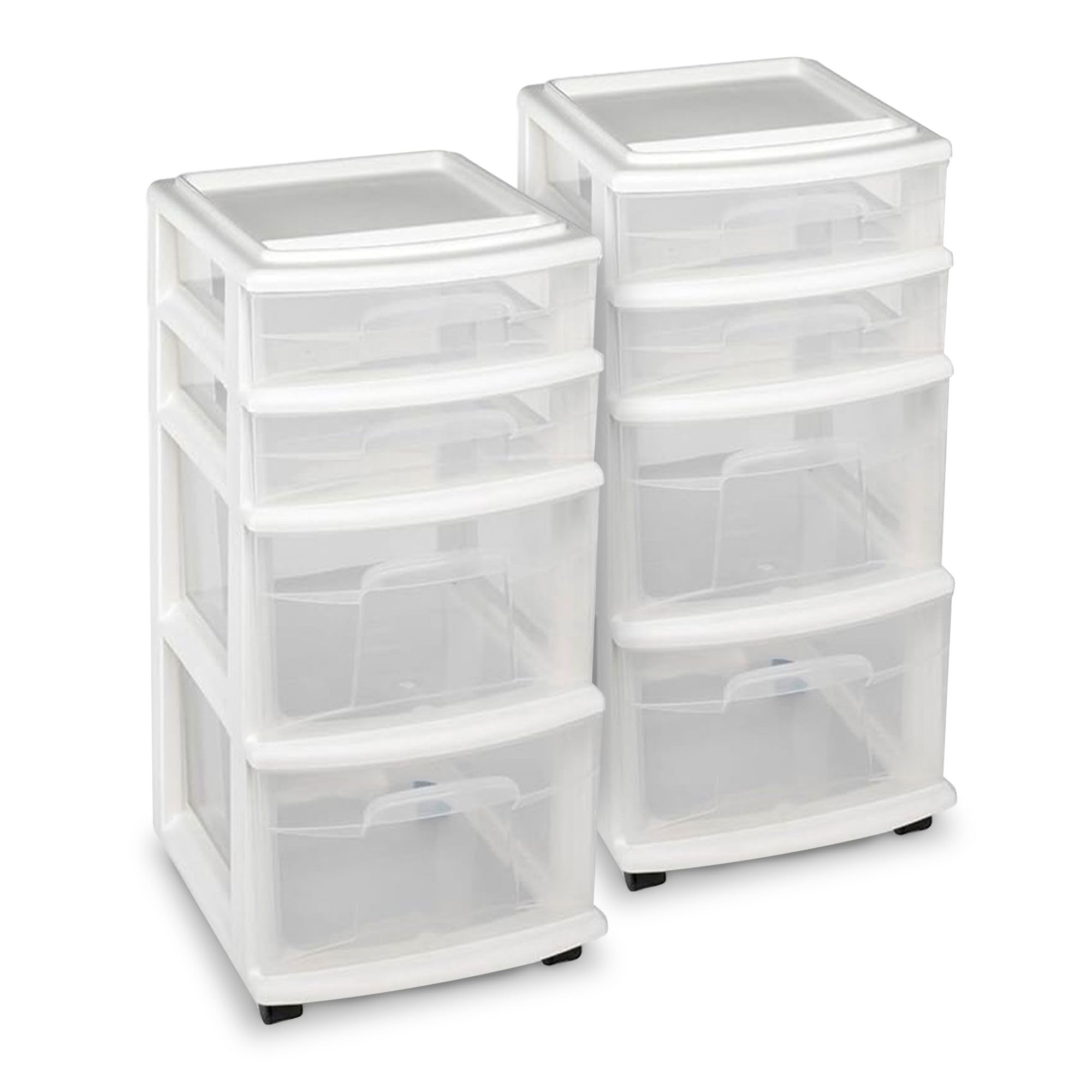 HOMZ 2-Pack Drawer Tower, 4-Tier Clear Plastic Storage Organizer Cart, White Frame - Organizing Containers with Wheels for Home, Bathroom, Bedroom, Office, and Classroom