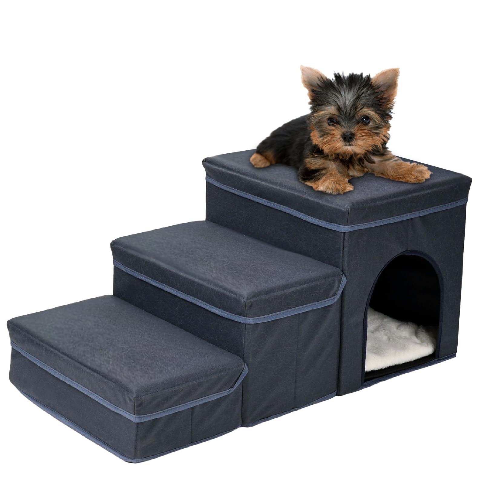 Foldable Dog Steps – Portable Dog Stair – Pet Home Ladder - 3 Steps, 2 Storage ans 1 Window for Small Pets