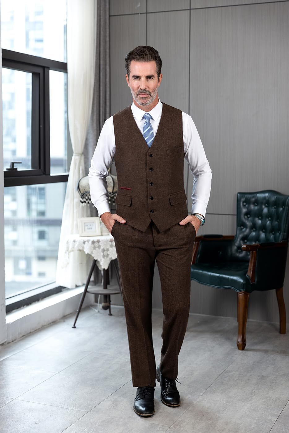 SOLOVEDRESS Mens Vintage Classic Herringbone Pattern Suit Vest V Neck Casual Wool Blend Waistcoat for Men - Image 4