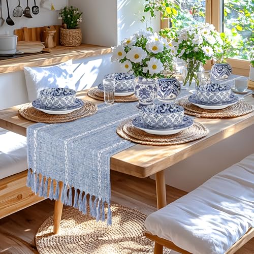 Dusty Blue Table Runner Short 15.7 x 36 inch, Blue and White Coffee Table Cover, Boho Summer Coastal Small Table Cloth, Dresser Runner Scarf for Nightstand, End Table, Rustic Farmhouse Spring Decor - Image 3