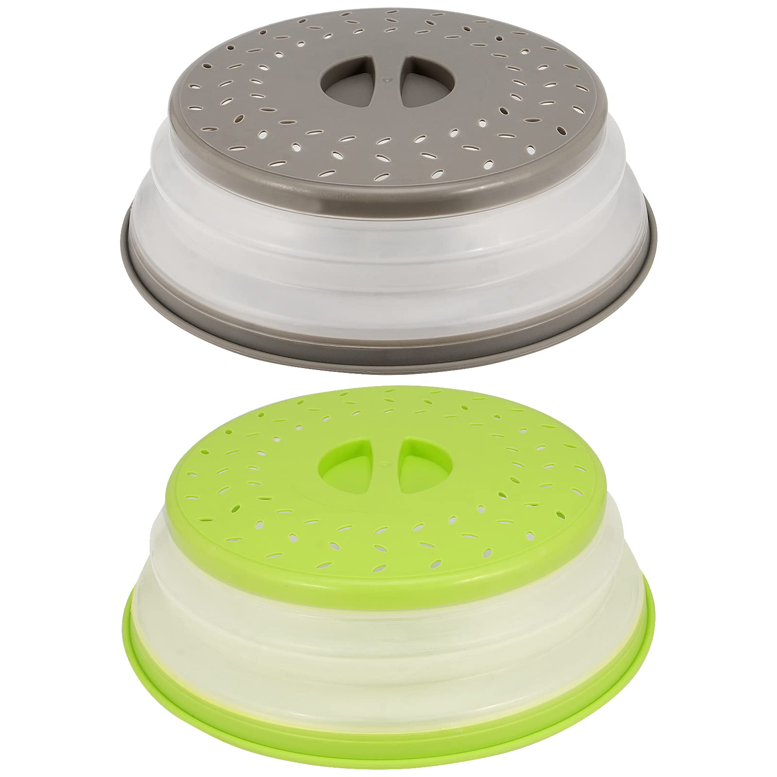 SEUNMUK 2 PCS 10.5 Inch Collapsible Microwave Splatter Cover, Silicone Microwave Food Cover with Steam Vents, Multi-Functional Plastic Fruit Basket Strainer, BPA-Free, Green and Gray