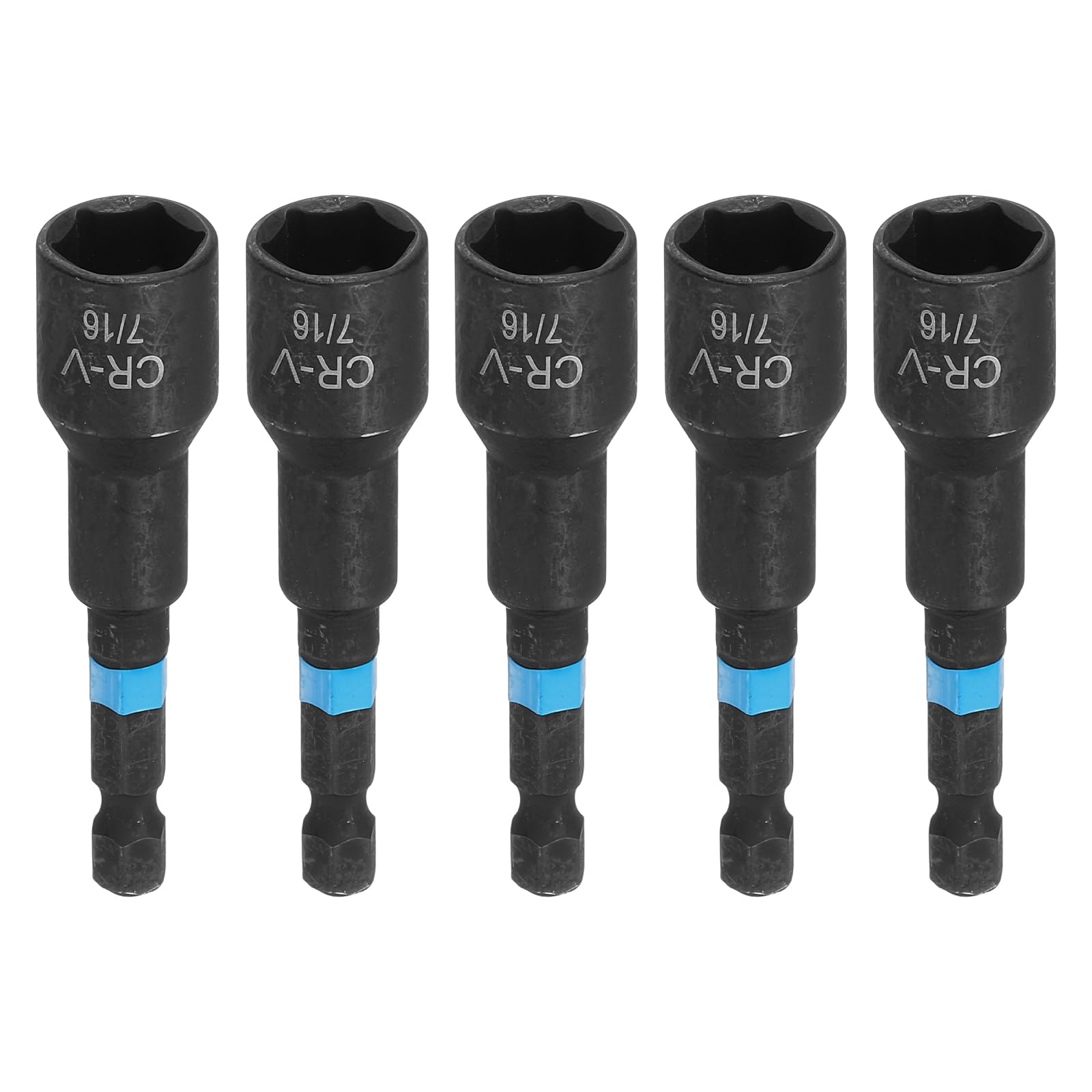 sourcing map 5pcs Nut Driver Drill Bit 7/16" Socket 1/4" Hex Shank 2.56" (65mm) Magnetic 6-Point Sockets Quick Change Cr-V Steel Bolt Setters for Power Drill Drivers