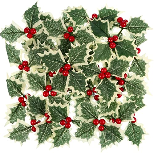 Lot de 30 baies de houx artificielles de Noël avec feuilles vertes, feuilles de houx artificielles pour mariage, couronne de Noël, décorations de gâteaux, décorations de fête, feuilles de houx