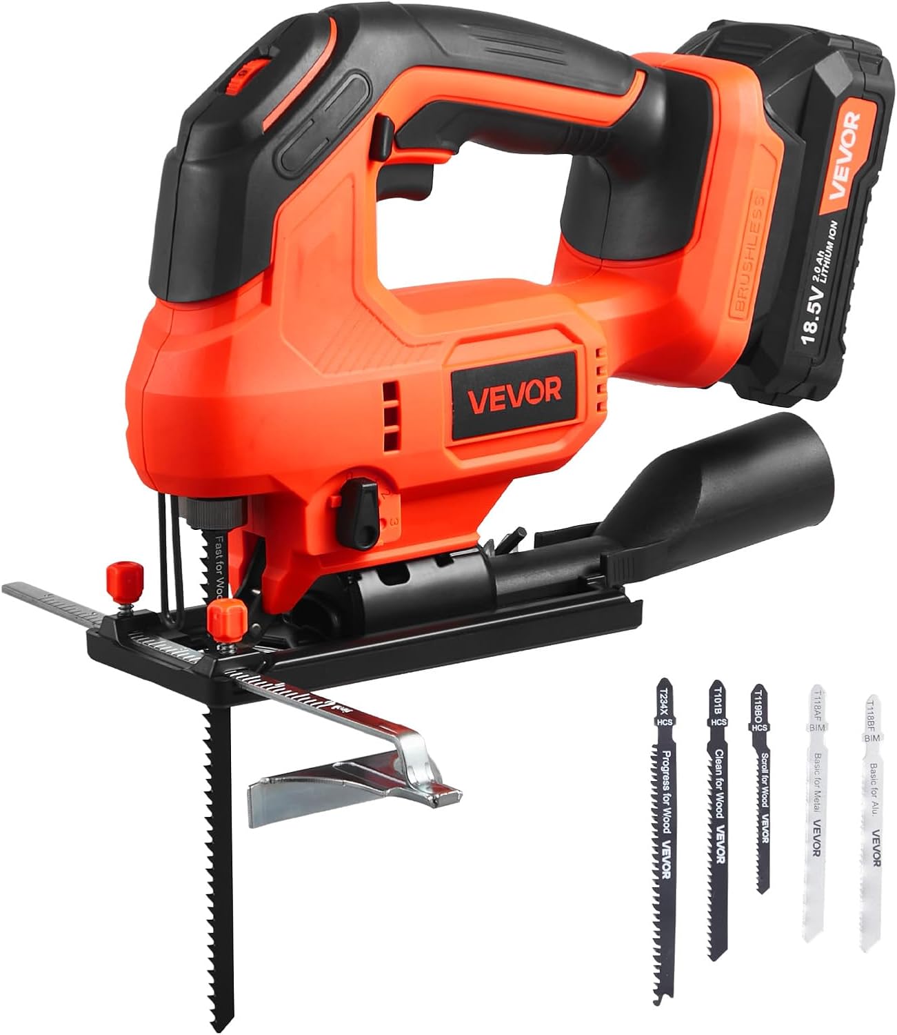 VEVOR 20V Brushless Cordless Jig Saw, 7/8" Jigsaw Tool for Makita 18V Battery, 3500 SPM & 6 Variable Speed, Battery & Charger, LED Light, 0-45° Bevel Cuts, 6 Blades, 4 Orbital Settings, Wood & Metal