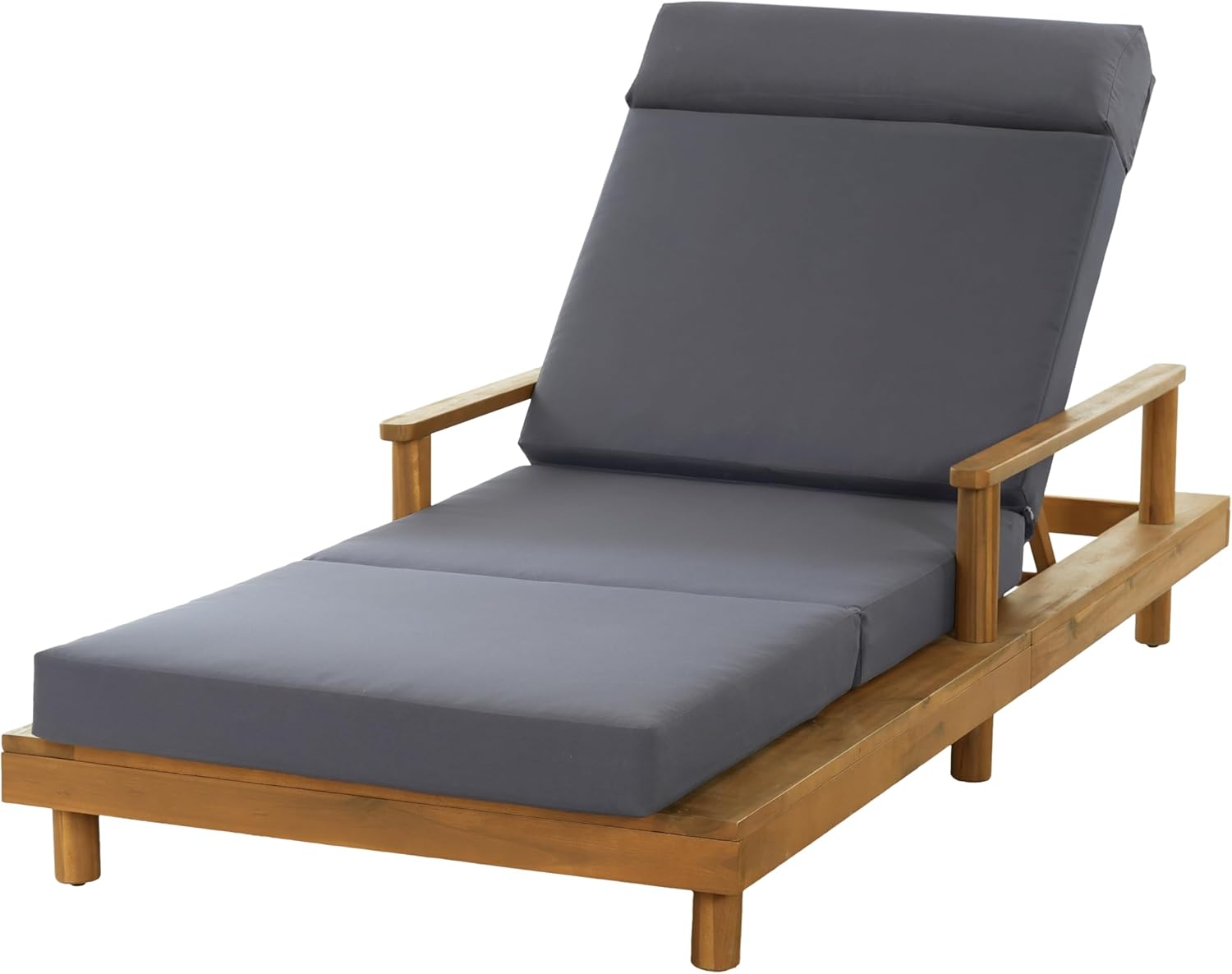 Merax Acacia Wood Outdoor Chaise Lounge Chair with Thick 4-Fold Cushion & Headrest, 3-Position Adjustable Backrest, Modern 76.8" L Large Patio Pool Sun Lounger for Garden Beach Yard, Dark-Grey+Teak
