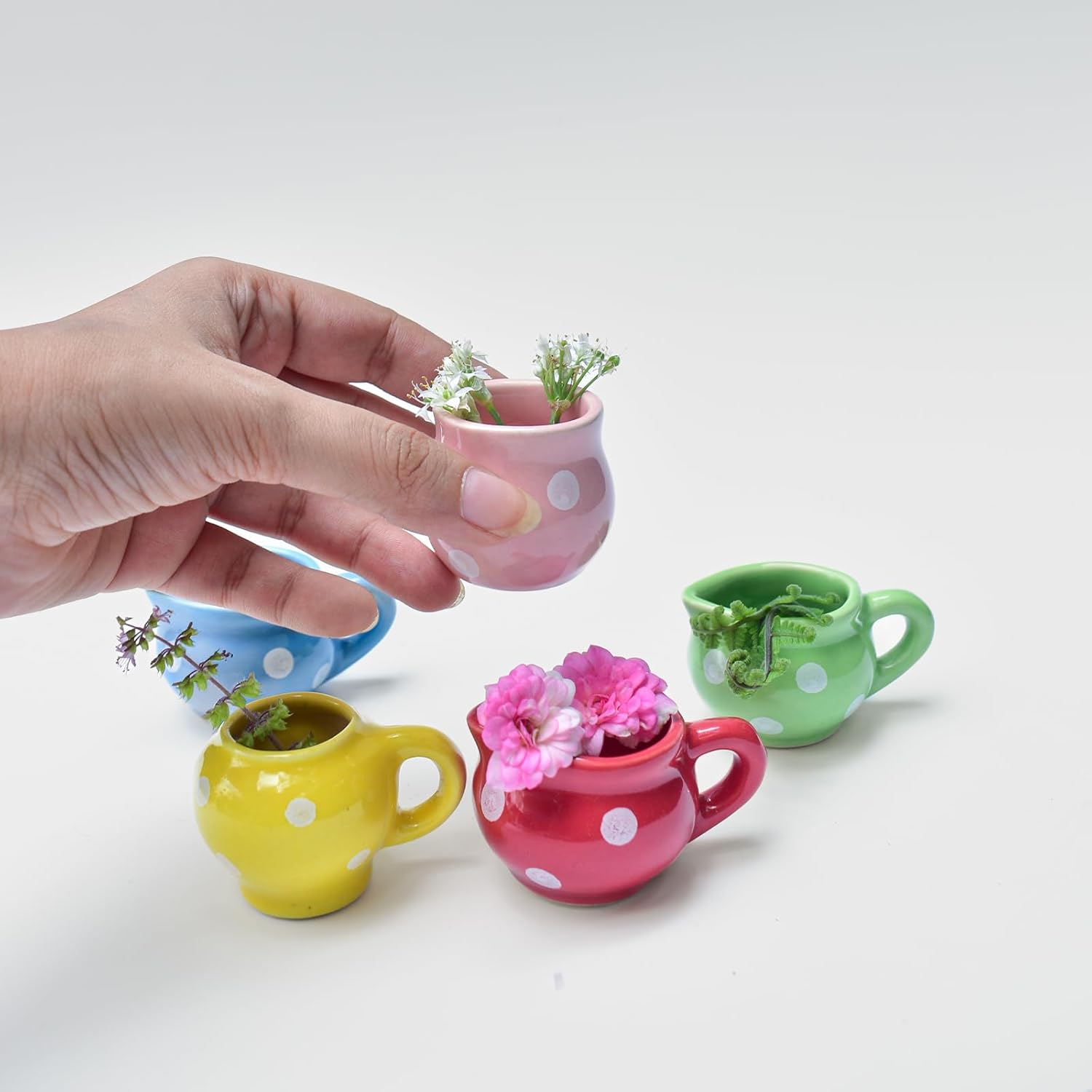 Ceramic Fridge Magnets - Polka | Tiny Decorative Attractive Flower Vase for Fridge or Steel Cupboard | Cute Small Planter Shape | Unique Fridge Accessories (Set of 5)