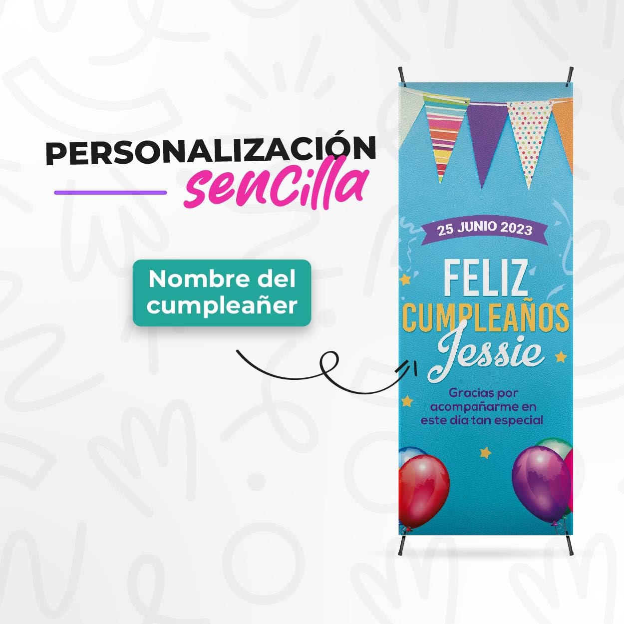 Cartel Personalizado - Photocall Cumpleaños con Fecha y Nombre Personalizable - Pancarta Personalizada con Estructura 70x180 cm - Feliz cumpleaños Decoracion - Feliz Aniversario